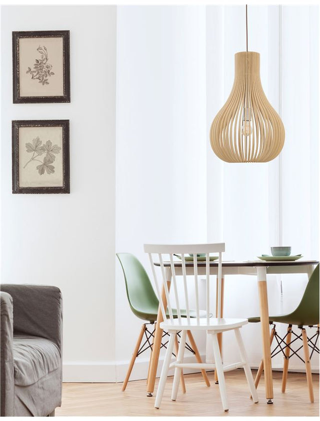 SOHO Natural Wood Brown Fabric Cable Solid Wood Canopy LED E27 1x12 Watt 230 Volt IP20 Bulb Excluded D: 38 H1: 55 H2: 245 cm