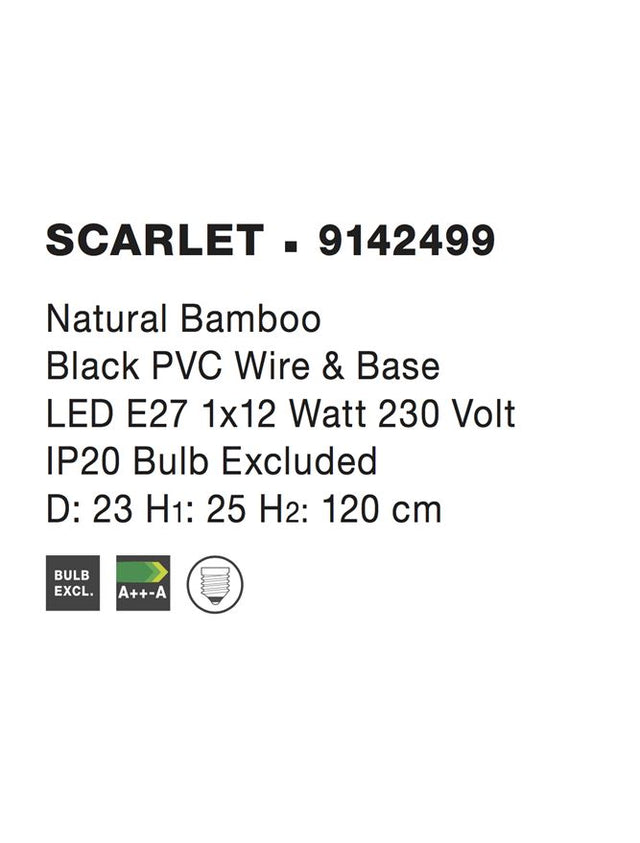 SCARLET Bamboo Black PVC Wire LED E27 1x12 Watt 230 Volt IP20 Bulb Excluded D: 23 H1: 25 H2: 120 cm