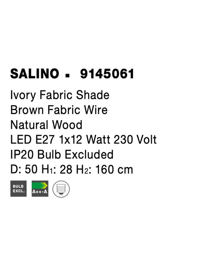 SALINO Ivory Fabric Shade Brown Fabric Wire Natural Wood LED E27 1x12 Watt 230 Volt IP20 Bulb Excluded D: 50 H1: 28 H2: 160 cm