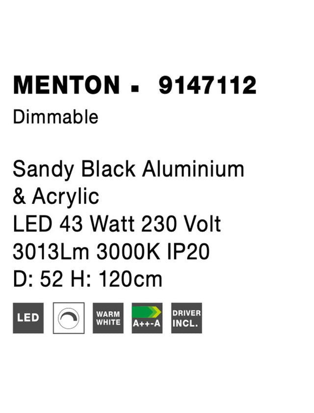 MENTON Sandy Black Aluminium & Acrylic LED 43 Watt 230 Volt 3013Lm 3000K IP20 D: 52 H: 120cm