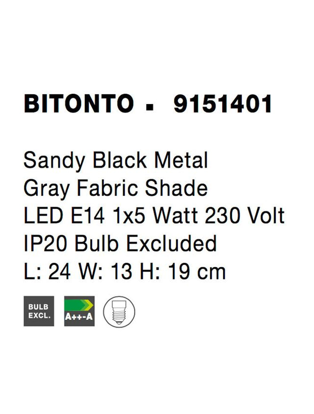 BITONTO Sandy Black Metal White Fabric Shade LED E14 1x5 Watt 230 Volt IP20 Bulb Excluded L: 24 W: 13 H: 19 cm