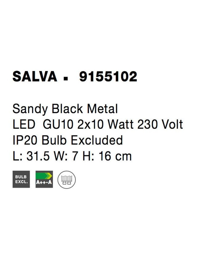 SALVA Sandy Black Metal LED GU10 2x10 Watt 230 Volt IP20 Bulb Excluded L: 31.5 W: 7 H: 16 cm