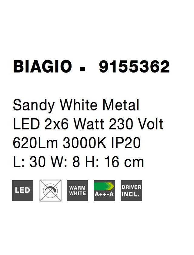 BIAGIO Sandy White Metal LED 2x6 Watt 230 Volt 620Lm 3000K IP20 L: 30 W: 8 H: 16 cm