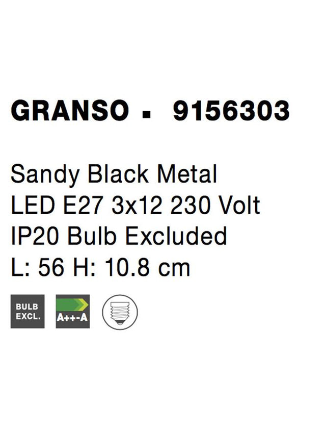 GRANSO Sandy Black Metal LED E27 3x12 Watt 230 Volt IP20 Bulb Excluded L: 56 H: 10.8 cm