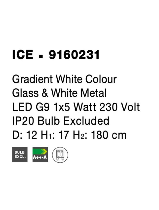 ICE Gradient White Colour Glass & White Metal LED G9 1x5 Watt 230 Volt IP20 Bulb Excluded D: 12 H1: 17 H2: 180 cm