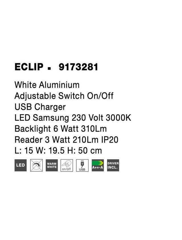 ECLIP White Aluminium Adjustable Switch On/Off USB Charger LED Samsung 230 Volt 3000K Backlight 6 Watt 310Lm Reader 3 Watt 210Lm IP20 L: 15 W: 19.5 H: 50 cm