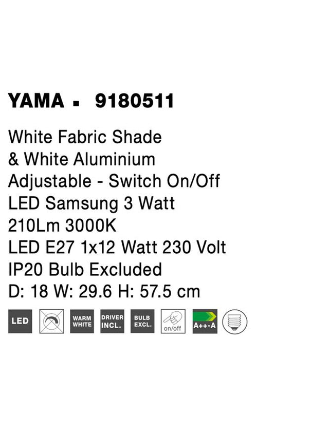 YAMA White Fabrirc Shade & White Aluminium Adjustable - Switch On/Off LED Samsung 3 Watt 210Lm 3000K LED E27 1x12 Watt 230Volt IP20 Bulb Excluded L: 18 W: 29.6 H: 57.5 cm