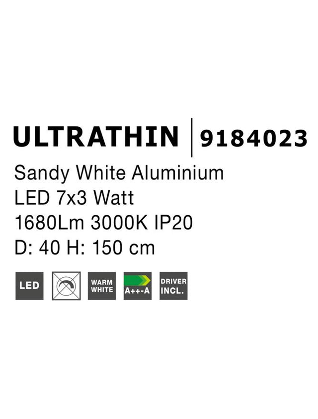 ULTRATHIN Sandy White Aluminium LED 7x3 Watt 230 Volt 1260Lm 3000K IP20 D: 40 H: 150 cm