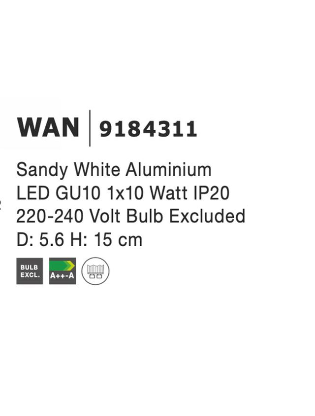 WAN Sandy White Aluminium 
LED GU10 1x10 Watt IP20 
220-240 Volt Bulb Excluded 
D: 5.6 H: 15 cm Adjustable