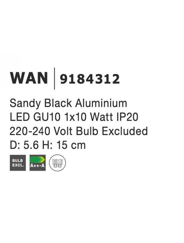 WAN Sandy Black Aluminium LED GU10 1x10 Watt IP20 220-240 Volt Bulb Excluded D: 5.6 H: 15 cm Adjustable