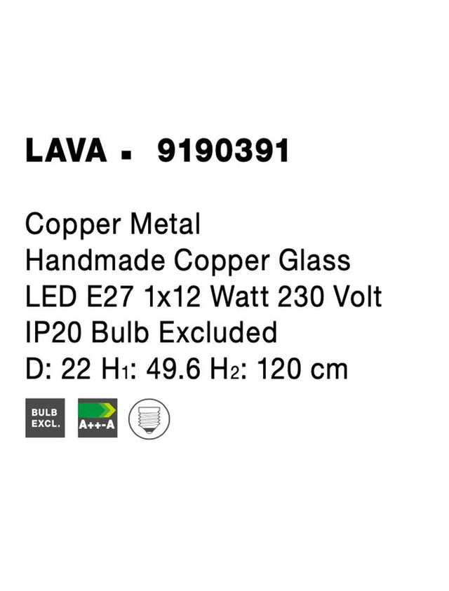 LAVA Copper Metal Handmade Copper Glass LED E27 1x12 Watt 230 Volt IP20 Bulb Excluded D: 22 H1: 49.6 H2: 120 cm