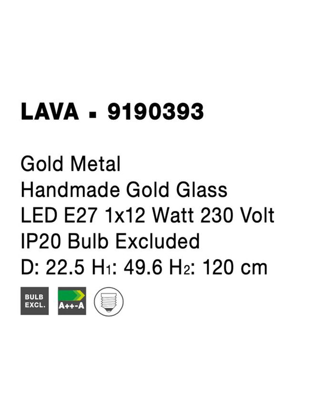 LAVA Gold Metal Handmade Gold Glass LED E27 1x12 Watt 230 Volt IP20 Bulb Excluded D: 22.5 H1: 49.6 H2: 120 cm