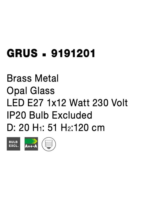 GRUS Brass Metal Opal Glass LED E27 1x12 Watt 230 Volt IP20 Bulb Excluded D: 20 H1: 51 H2:120 cm