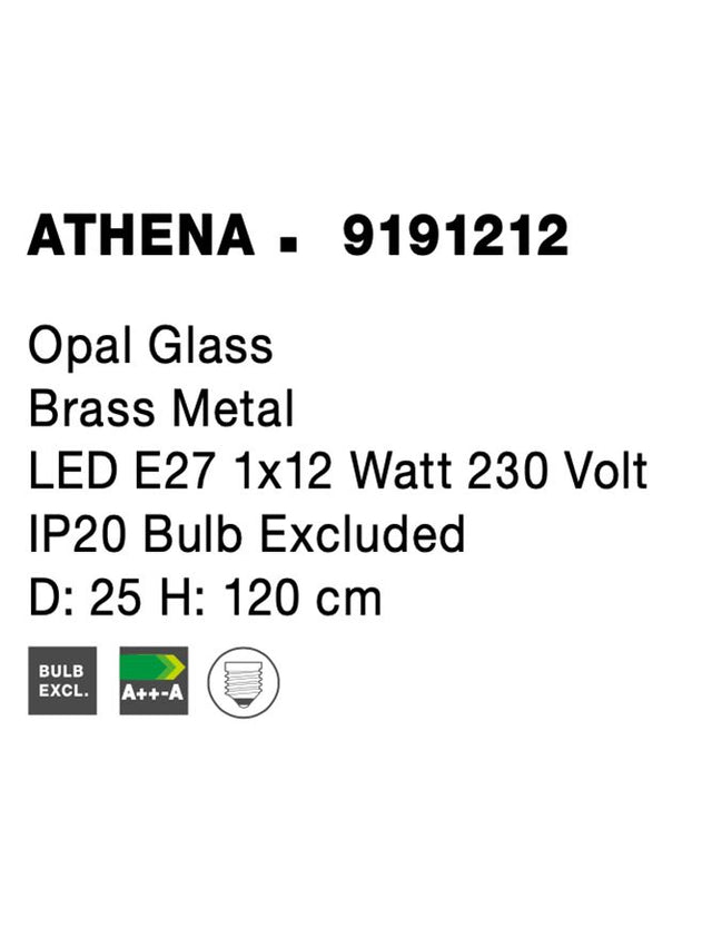 ATHENA Opal Glass Brass Metal LED E27 1x12 Watt 230 Volt IP20 Bulb Excluded D: 25 H: 120 cm