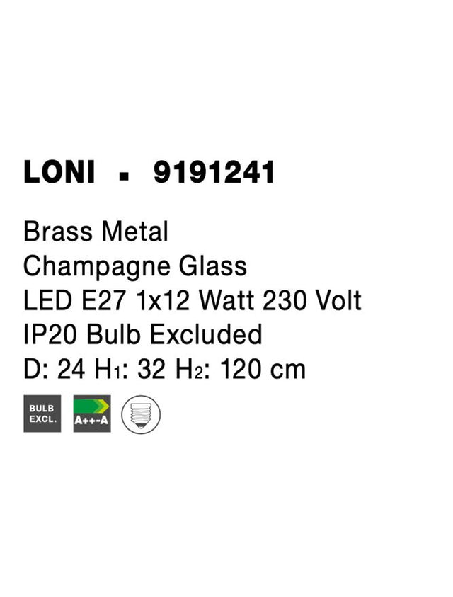 LONI Brass Metal Champagne Glass LED E27 1x12 Watt 230 Volt IP20 Bulb Excluded D: 24 H1: 32 H2: 120 cm