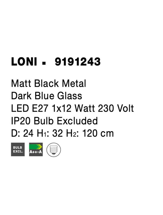 LONI Matt Black Metal Dark Blue Glass LED E27 1x12 Watt 230 Volt IP20 Bulb Excluded D: 24 H1: 32 H2: 120 cm