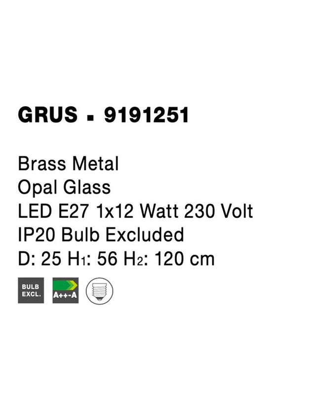 GRUS Brass Metal Opal Glass LED E27 1x12 Watt 230 Volt IP20 Bulb Excluded D: 25 H1: 56 H2: 120 cm