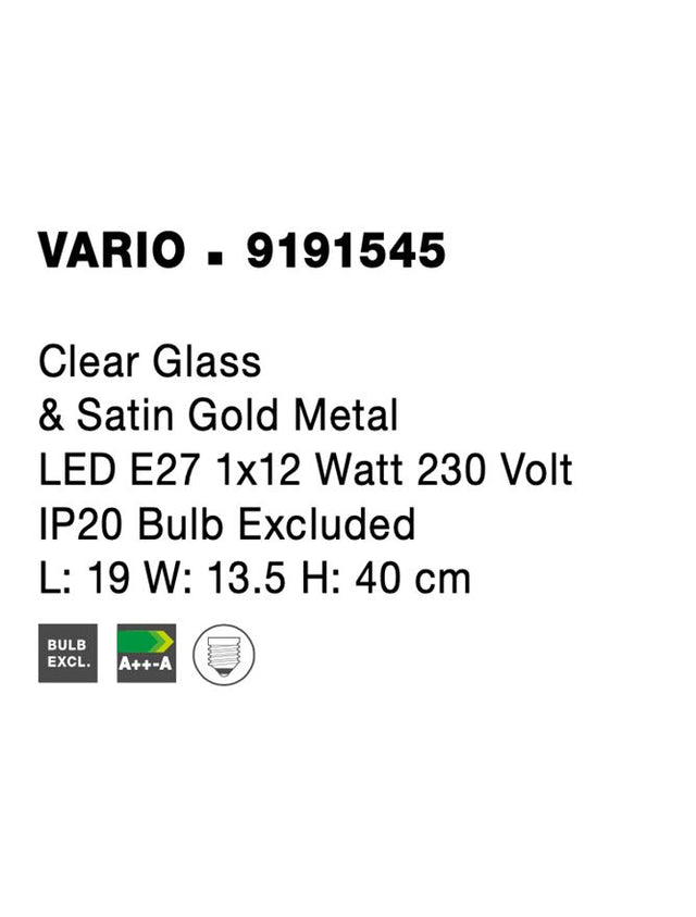 VARIO Clear Glass & Satin Gold Metal LED E27 1x12 Watt 230 Volt IP20 Bulb Excluded L: 19 W: 13.5 H: 40 cm