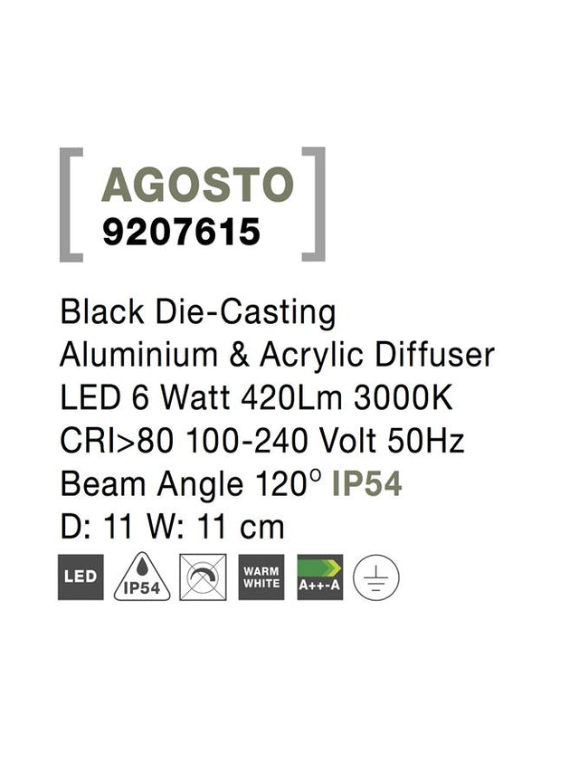 AGOSTO Black Aluminium & Acrylic LED 6 Watt 420Lm 3000K D: 11 W: 11 cm IP54