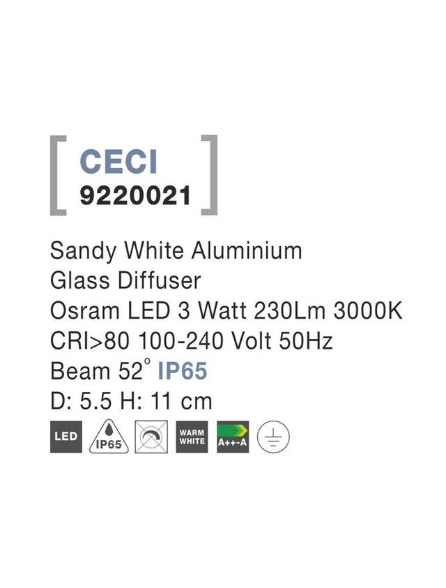 CECI Sandy White Aluminium Glass Diffuser LED 3 Watt 230Lm 3000K D: 5.5 H: 11 cm IP65