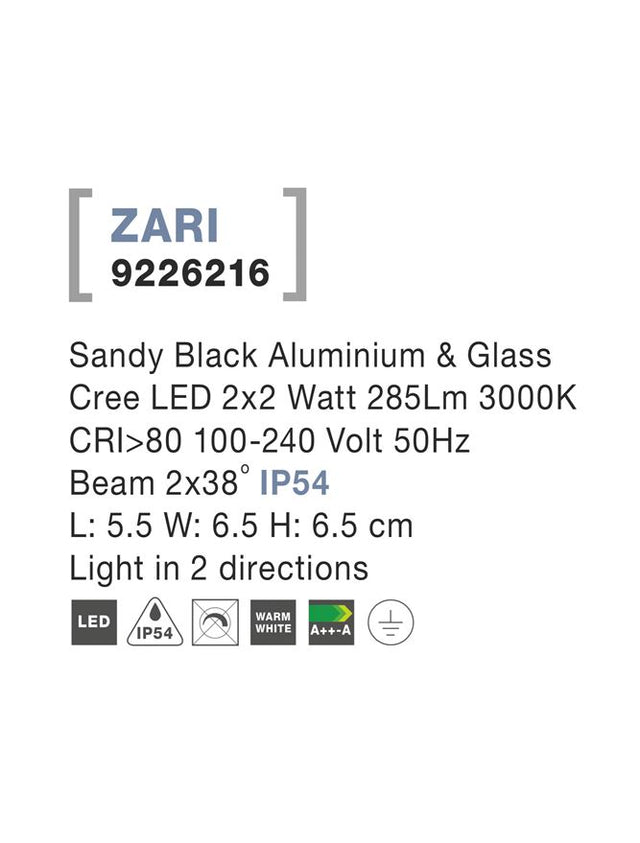 ZARI Sandy Black Alum. & Glass LED 2x2 Watt 285Lm 3000K 2 sides light L: 5.5 H: 6.5 cm IP54