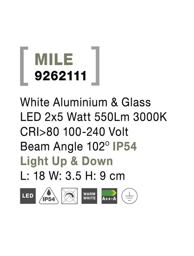 MILE White Aluminium & Glass LED 2x5 Watt 550Lm 3000K CRI>80 100-240 Volt Beam Angle 102° IP54 Light Up & Down L: 18 W: 3.5 H: 9 cm