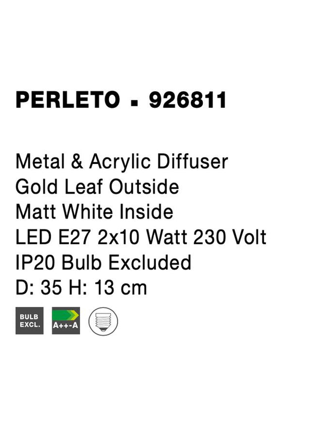 PERLETO Metal & Acrylic Diffuser Gold Leaf Outside Matt White Inside LED E27 2x12 Watt 230 Volt IP20 Bulb Excluded D: 35 H: 13 cm