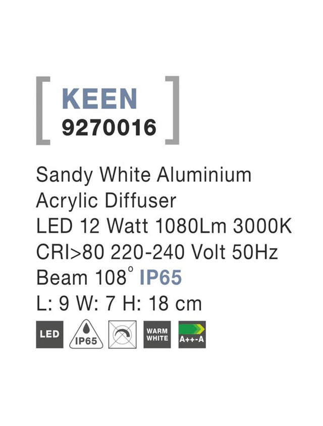 KEEN Sandy White Aluminium LED 12 Watt 1080Lm 3000K L: 9 W: 7 H: 18 cm IP65