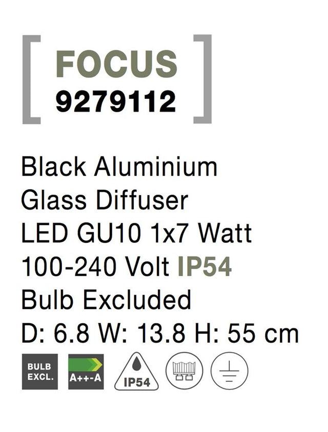 FOCUS Black Aluminium Glass Diffuser LED GU10 1x7 Watt 100-240 Volt IP54 Bulb Excluded D: 6.8 W: 13.8 H: 55 cm