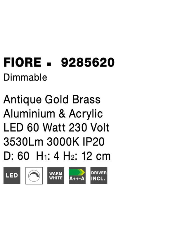 FIORE Antique Gold Brass Aluminium & Acrylic LED 60 Watt 230 Volt 3530Lm 3000K IP20 D: 60 H1: 4 H2: 12 cm