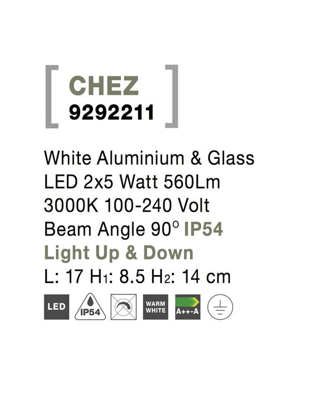 CHEZ White Aluminium & Glass LED 2x5 Watt 560Lm 3000K 100-240 Volt Beam Angle 90° IP54
Light Up & Down L: 17 H1: 8.5 H2: 14 cm