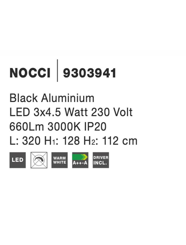 NOCCI Black Aluminium
Black Fabric Wire 
LED 3x4.5 Watt 230 Volt
660Lm 3000K IP20
L: 320 H1: 128 H2: 112 cm Adjustable