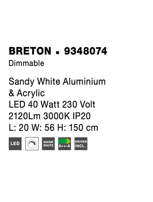 BRETON Sandy White Aluminium & Acrylic LED 40 Watt 230 Volt 2120Lm 3000K IP20 L: 20 W: 56 H: 150 cm