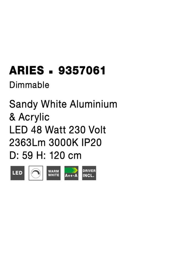 ARIES Dimmable Sandy White Aluminium & Acrylic LED 48 Watt 230 Volt 2363Lm 3000K IP20 D: 59 H: 120 cm