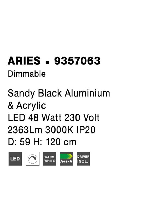 ARIES Dimmable Sandy Black Aluminium & Acrylic LED 48 Watt 230 Volt 2363Lm 3000K IP20 D: 59 H: 120 cm