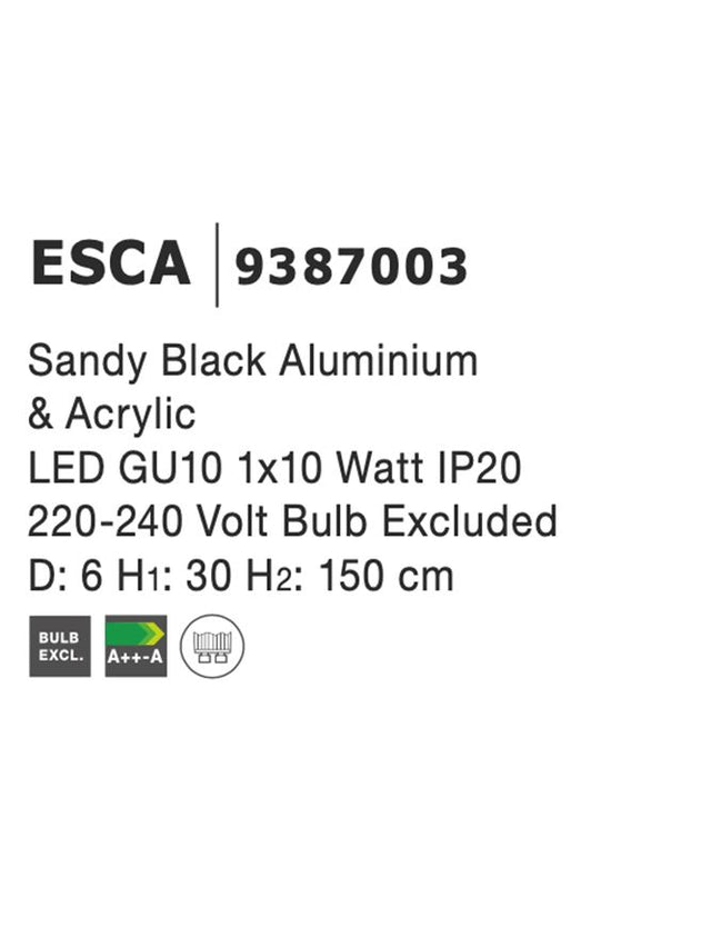 ESCA Sandy Black Aluminium & Acrylic LED GU10 1x10 Watt IP20 220-240 Volt Bulb Excluded D: 6 H1: 30 H2: 150 cm