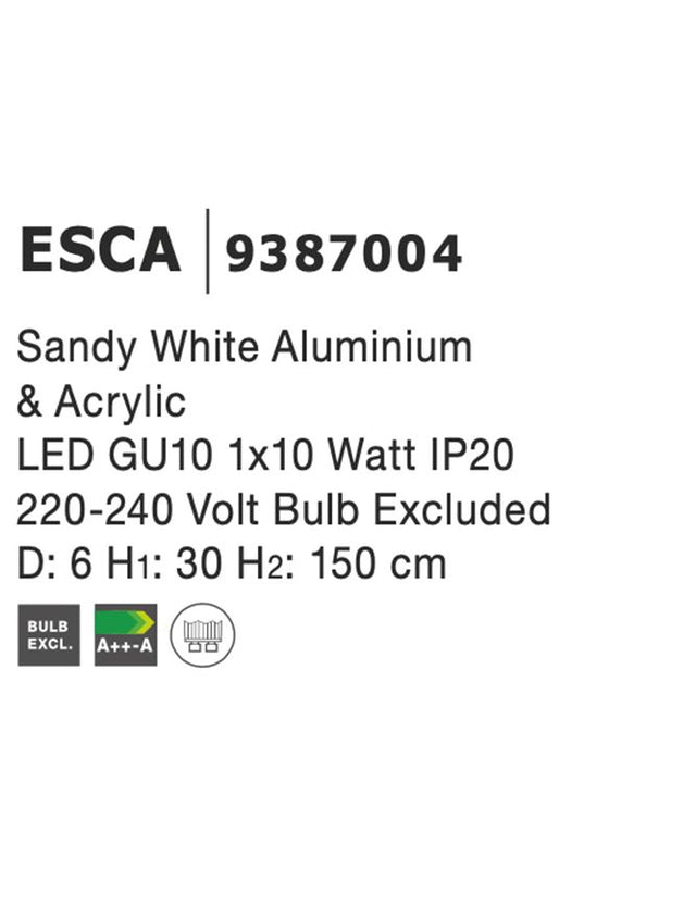 ESCA Sandy White Aluminium & Acrylic LED GU10 1x10 Watt IP20 220-240 Volt Bulb Excluded D: 6 H1: 30 H2: 150 cm