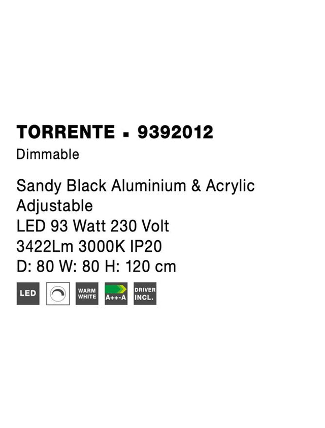 TORRENTE Sandy Black Aluminium & Acrylic Adjustable LED 93 Watt 230 Volt 3422Lm 3000K IP20 D: 80 W: 80 H: 120 cm Dimmable