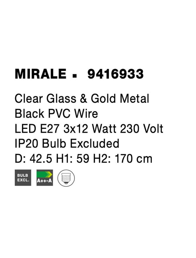 MIRALE Clear Glass & Gold Metal Black PVC Wire LED E27 3x12 Watt 230 Volt IP20 Bulb Excluded D: 42.5 H1: 59 H2: 170 cm