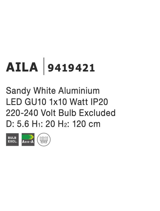 AILA Sandy White Aluminium LED GU10 1x10 Watt IP20 220-240 Volt Bulb Excluded D: 5.6 H 1: 20 H 2: 120 cm