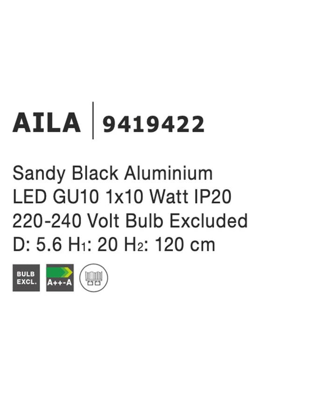 AILA Sandy Black Aluminium LED GU10 1x10 Watt 230 Volt IP20 Bulb Excluded D: 5.6 H1: 20 H2: 120 cm