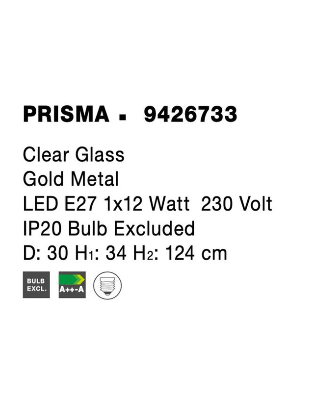 PRISMA Clear Glass Gold Metal LED E27 1x12 Watt 230 Volt IP20 Bulb Excluded D: 30 H1: 34 H2: 124 cm