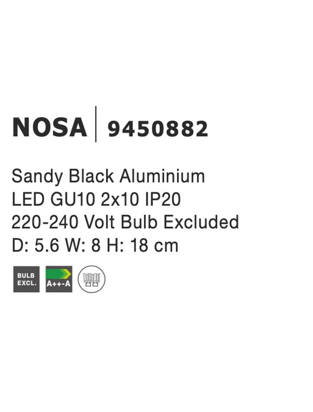 NOSA Sandy Black Aluminium LED GU10 2x10 IP20 220-240 Volt Bulb Excluded D: 5.6 W: 8 H: 18 cm