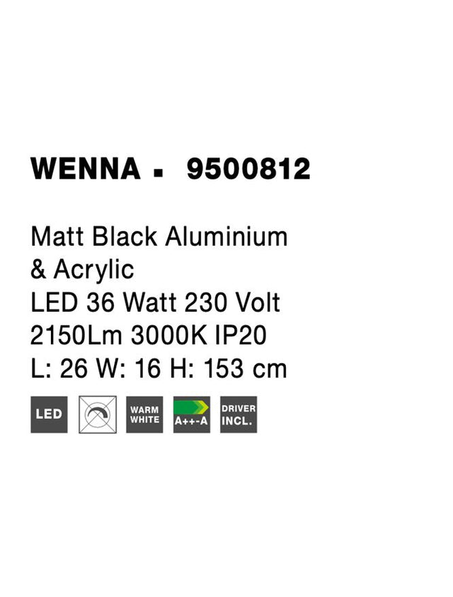 WENNA Matt Black Aluminium & Acrylic LED 36 Watt 230 Volt 2150Lm 3000K IP20 L: 26 W: 16 H: 153 cm