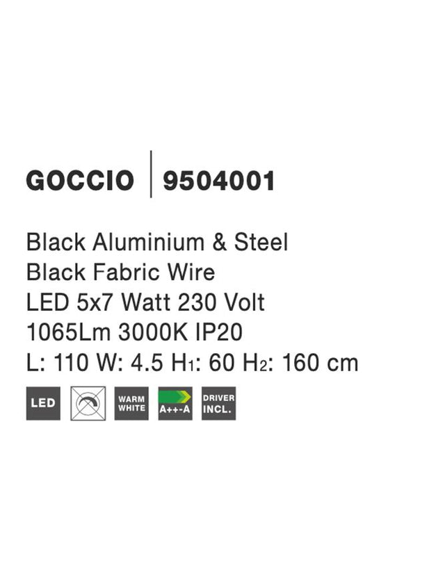 GOCCIO Black Aluminium & Steel Black Fabric Wire LED 5x7 Watt 230 Volt 1065Lm 3000K IP20 L: 110 W: 4.5 H1: 60 H2: 160 cm