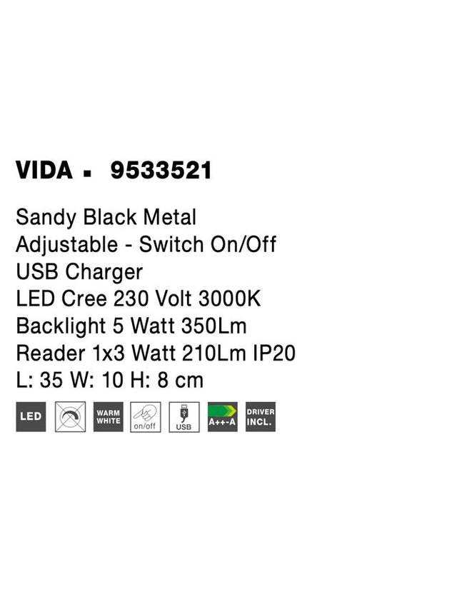 VIDA Sandy Black Metal Adjustable - Switch On/Off USB Charger LED Cree 230 Volt 3000K Backlight 5 Watt 350Lm Reader 1x3 Watt 210Lm IP20 L: 35 W: 10 H: 8 cm