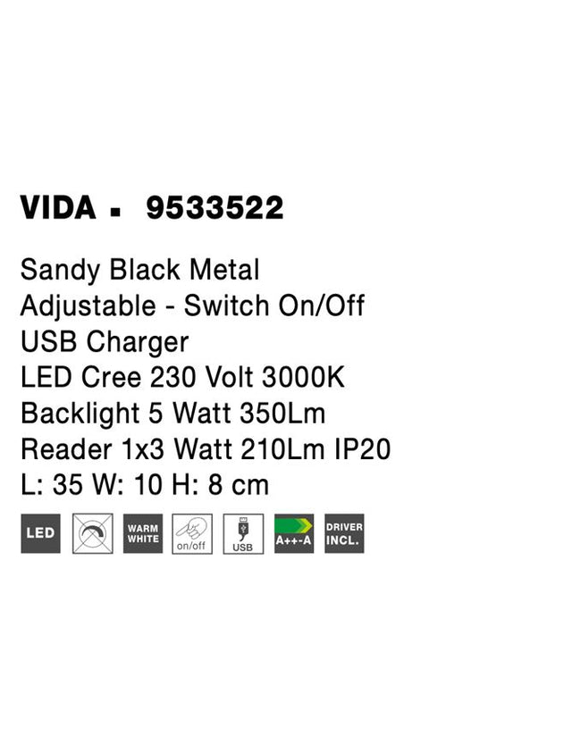 VIDA Sandy Black Metal Adjustable - Switch On/Off USB Charger LED Cree 230 Volt 3000K Backlight 5 Watt 350Lm Reader 1x3 Watt 210Lm IP20 L: 35 W: 10 H: 8 cm