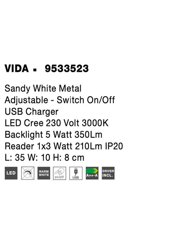 VIDA Sandy White Metal Adjustable - Switch On/Off USB Charger LED Cree 230 Volt 3000K Backlight 5 Watt 350Lm Reader 1x3 Watt 210Lm IP20 L: 35 W: 10 H: 8 cm