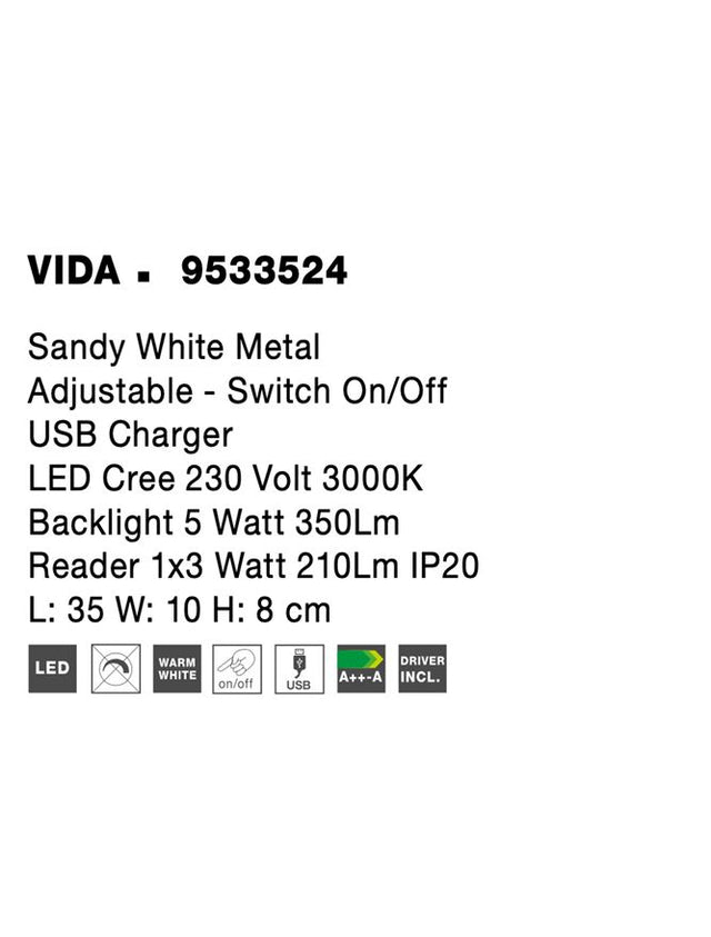 VIDA Sandy White Metal Adjustable - Switch On/Off USB Charger LED Cree 230 Volt 3000K Backlight 5 Watt 350Lm Reader 1x3 Watt 210Lm IP20 L: 35 W: 10 H: 8 cm