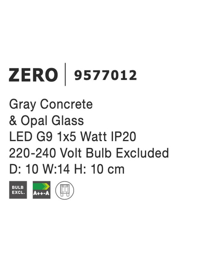 ZERO Gray Concrete & Opal Glass LED G9 1x5 Watt IP20 220-240 Volt Bulb Excluded D: 10 W:14 H: 10 cm